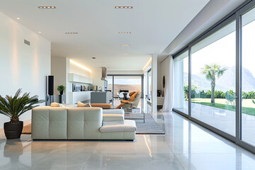 Fototapeta premium Bright airy modern living room with white leather couch and huge glass windows overlooking green lawn and palm trees.