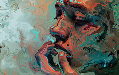 Colorful abstract portrait of a pensive woman , lost in thought with a hint of sadness , painted in a psychedelic style with vibrant colors and a fluid , dreamlike texture.