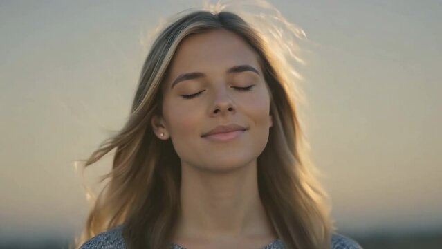 Portrait of Young Adult Beautiful Woman Exhaling Fresh Air, Taking Deep Breath, Reducing Stress. Light wind breeze blows her blonde hair. Pretty girl enjoy moment. Calm rest and stress relief concept.