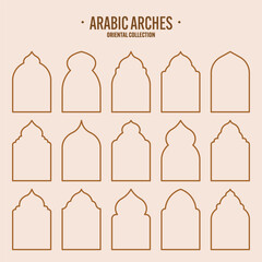 Islamic frames, oriental style objects. Arabic shapes, windows and arches. Traditional ornamental banner, frame. Muslim holidays, Ramadan Kareem. Modern eastern architecture. Vector illustration