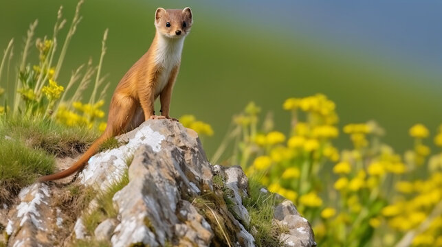 Least weasel (Mustela nivalis) standing on rock in front of blurred background of yellow flowers