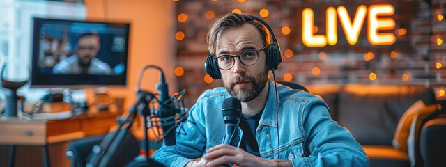 Studio content creator: blogger livestreamer employing a phone, podcast microphone for streaming, delivering business reviews, engaging audience, promoting via live sessions, optimizing online reach