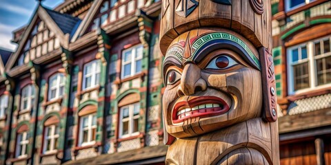 Obraz premium Carved Totem Pole Face with a Multi-Colored Building in the Background, totem pole, native art, wood carving, canada