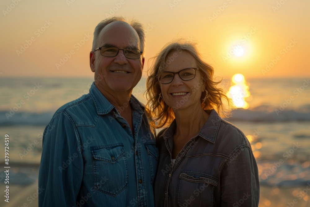 Sticker portrait of a satisfied couple in their 40s sporting a versatile denim shirt on beautiful beach suns