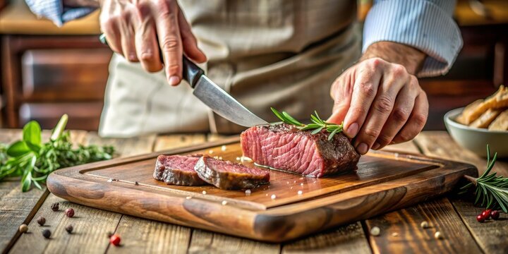 Chef's Hand Slicing Juicy Steak on Wooden Cutting Board, Close-Up, Food Photography,  Steak,  Cutting Board,  Rosemary