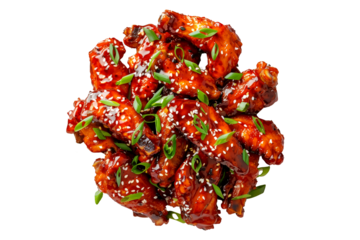 Delicious crispy Asian Zing chicken wings garnished with fresh cilantro, great for appetizers or main meals.