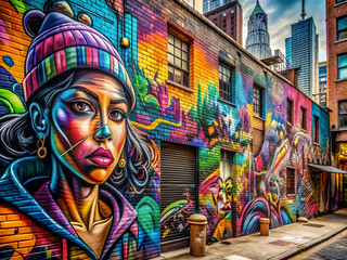 Obraz premium Bright graffiti on a city street wall with the image of a girl and an abstract drawing