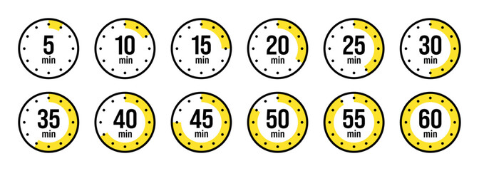 Stopwatch icons. Colorful simple chronometer, time counter with dial. Countdown timer showing hours and minutes. Deadline, measurement for sport. Cooking time label, sticker. Vector illustration
