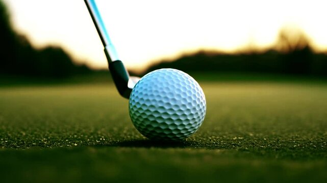 Golf ball flying on golf court. Close up shot of a golf club hitting a ball, close-up, no people. Green grass on the golf course. Sport concept 4k video
