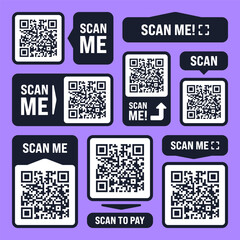 Scan me QR code sticker. Online payment. Special offer sale stickers, shopping discount label or promotional badge. Serial number, product ID. Supermarket retail label, price tag. Vector illustration