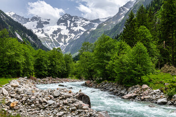 The beautiful Stilluptal valley and the river Stillup near Mayrhofen in Austria, Europe