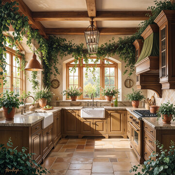Luxury kitchen interior  with greenery