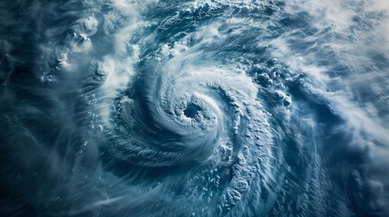 An aerial view of a powerful ocean storm, featuring a dramatic swirling vortex and turbulent waves under a dark, cloudy sky.
