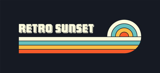 Vintage sunset collection. Various colorful striped sunrise badges in 80s and 90s style. Sun and ocean view, summer vibes, surfing. Design element for print, logo or t-shirt. Vector illustration