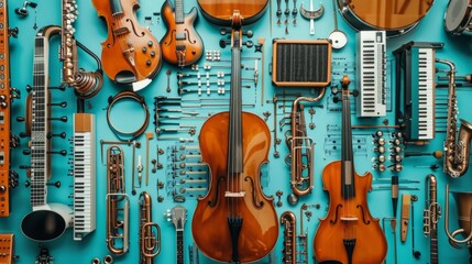 Naklejka premium Vibrant Contemporary Art Collage Featuring Musical Instruments