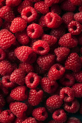 Many juicy refreshing red raspberries flat lay food background, summer holiday concept.