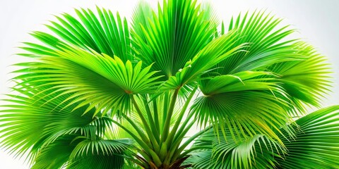 Obraz premium Palm Tree Fronds Close Up Lush Green Foliage against White Sky, Palm Tree, Tropical Leaves, Nature Photography, Exotic Plant