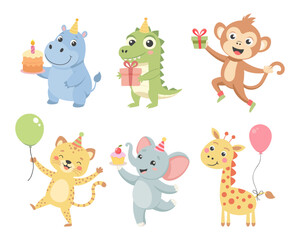 Naklejka premium Childrens cute animal set. Birthday greetings, baby animals with party hats, cakes, gift boxes, balloons. Illustrations for birthday party, cards 