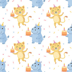 Festive seamless pattern, cute baby African animals in festive hats, gift boxes, balloons and confetti. Background for birthday party. Packaging, textiles
