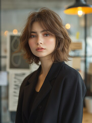 Naklejka premium A woman with short hair is wearing a black jacket
