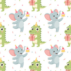 Festive seamless pattern, cute baby African animals in festive hats, gift boxes, balloons and confetti. Background for birthday party. Packaging, textiles