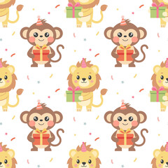 Festive seamless pattern, cute baby African animals in festive hats, gift boxes, balloons and confetti. Background for birthday party. Packaging, textiles