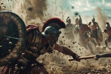 Ancient Roman battle scene with armored soldiers in intense combat.