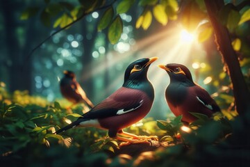 In a lush garden setting, two exquisite Indian myna birds, known affectionately as the martin bird. The vibrant plumage of these intelligent creatures glistens under the dappled sunlight.