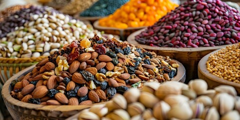 Naklejka premium Abundance and Health A Colorful Display of Nuts, Seeds, and Dried Fruits. Concept Healthy Snack Options, Abundance of Nuts, Colorful Nuts and Seeds, Nutritious Dried Fruits, Vibrant Food Display