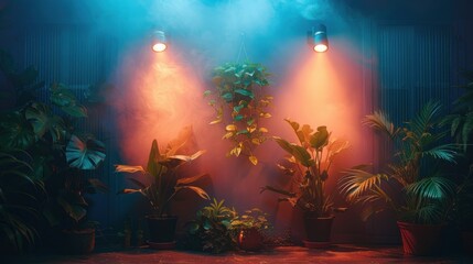 Fototapeta premium Indoor Plants Illuminated by Spotlights in a Mystical Atmosphere