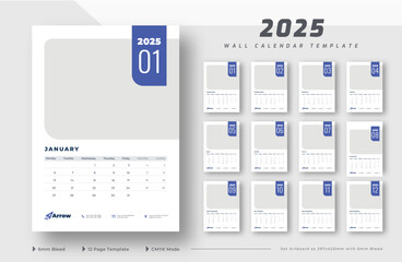 2025 Wall calendar template 12 page with cover, corporate 12 month wall calendar 2025 schedule, week starts on Monday