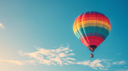 Fototapeta premium Colorful hot air balloon floating in a clear blue sky with a few clouds, a serene scene of adventure.