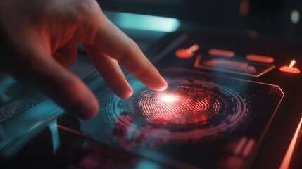 A hand interacts with biometric security on a touchscreen device.