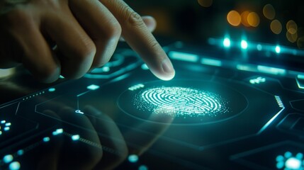 Finger touches holographic screen with glowing fingerprint for digital authentication.