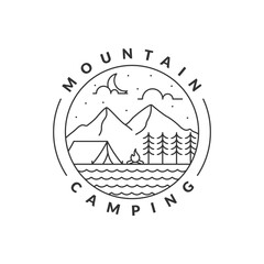 Illustration of mountan and camping monoline or line art style