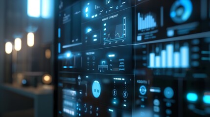 Fototapeta premium Futuristic digital data dashboard with charts and graphs displaying analytical information.