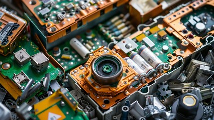 Shot of a battery disassembled for recycling, highlighting diverse components and stressing proper methods.