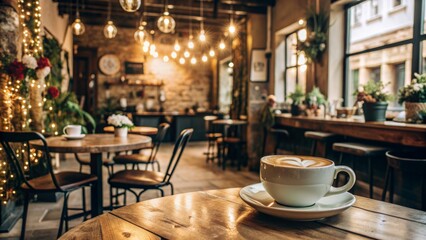 Fototapeta premium A cozy cafe with warm decoration and a beautifully brewed cup of coffee, creating a welcoming atmosphere