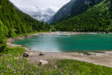 The beautiful Stilluptal valley, also called the waterfall valley and the Stillup reservoir near Mayrhofen in Austria, Europe