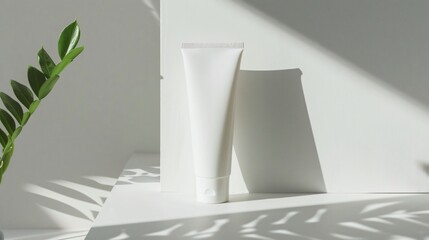 A clean and simple setup featuring a tube of minimalist hand cream standing alone