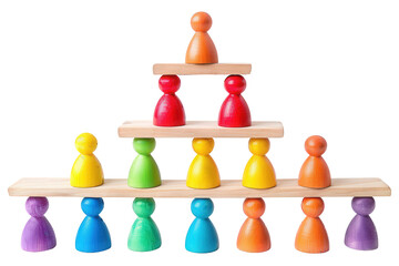 Colorful wooden figures stacked in a pyramid shape, representing hierarchy or teamwork.