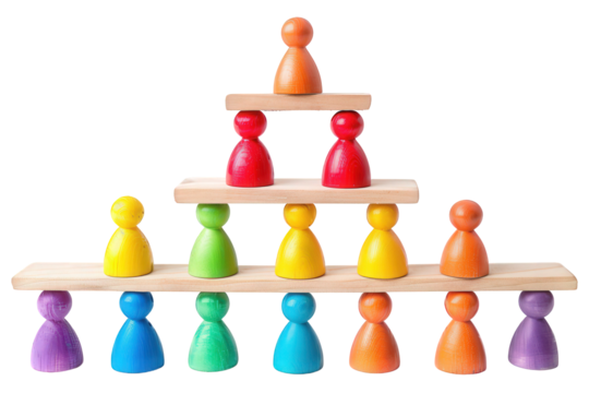 Colorful wooden figures stacked in a pyramid shape, representing hierarchy or teamwork.