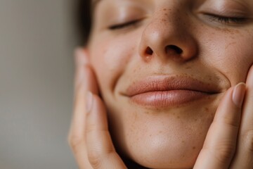 A close-up portrait of a woman with her eyes closed and a gentle smile, her hands cradling her cheeks against a soft, neutral background
