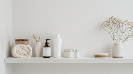 A clean, white bathroom shelf with a few minimalist skincare products arranged neatly