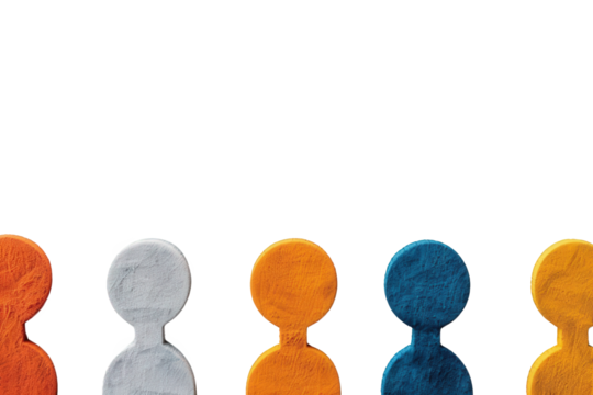 A row of five colorful, abstract figures against a black background. The figures are arranged in a line and represent diversity and unity.