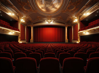 Fototapeta premium Theatre interior with seats and red drapery. Movie theater room with chairs.