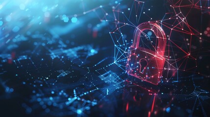 Digital Security Concept. Red Padlock and Network on Dark Background 3D Illustration. Generative AI