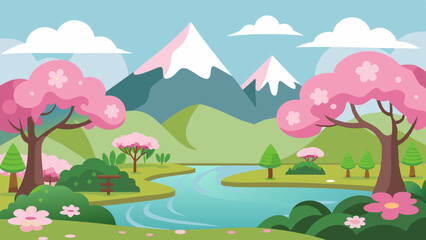 Obraz premium A pink blossom forest with a pond, cherry trees, mountains, and a Japanese garden with a lake, sakura, and rock cartoon background 