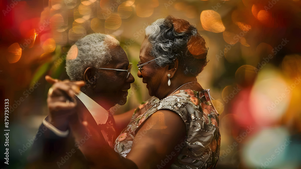 Poster afroamerican oldcouple is dancing happily hugged in love 