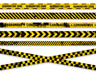 Old grunge quarantine zone warning tape. Novel coronavirus outbreak. Global lockdown. Yellow coronavirus danger stripe. Police caution line, restricted area. Construction tape. Vector illustration